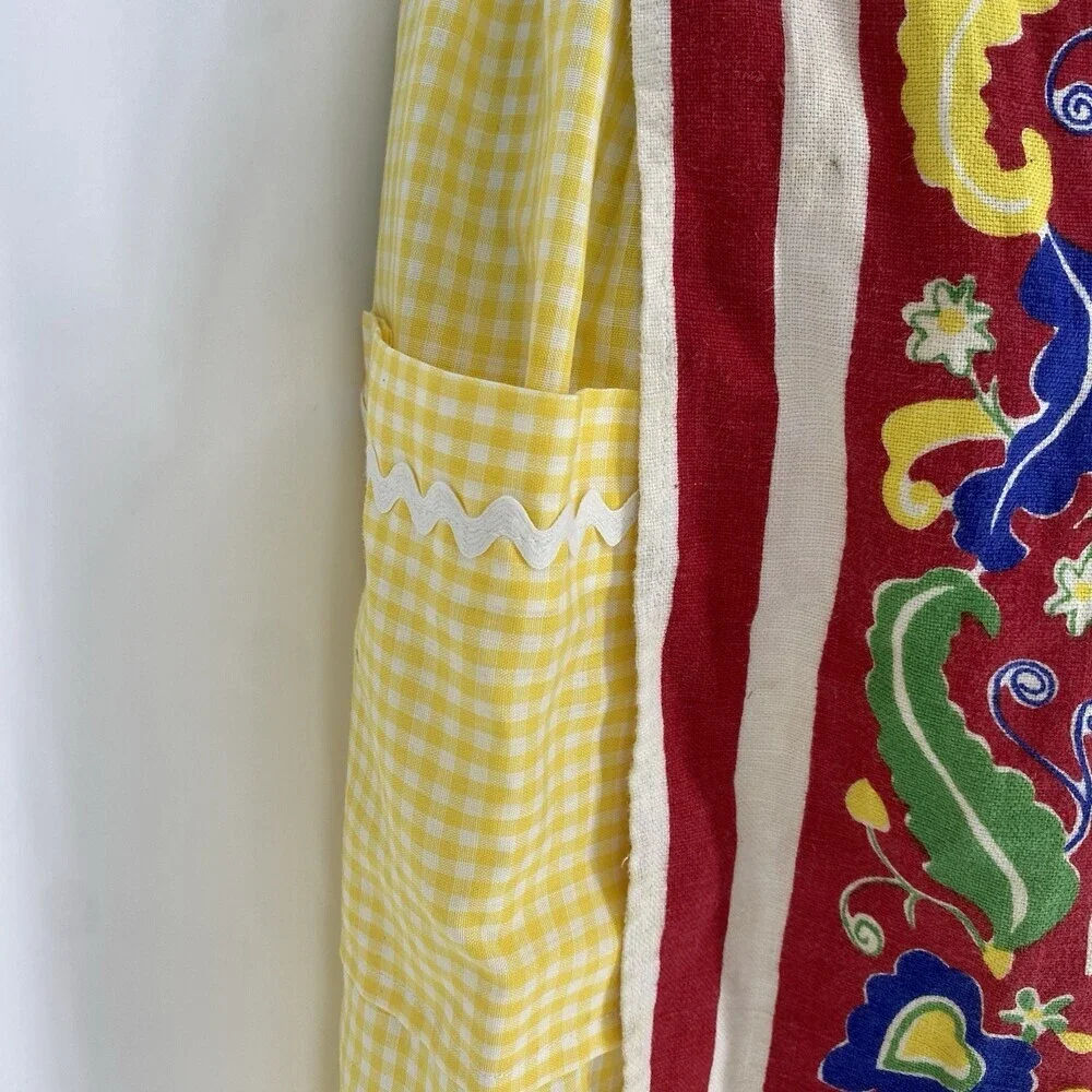 Vintage Novelty Tea Towel Half Apron Yellow Gingham Rick Rack Pocket Cute Retro